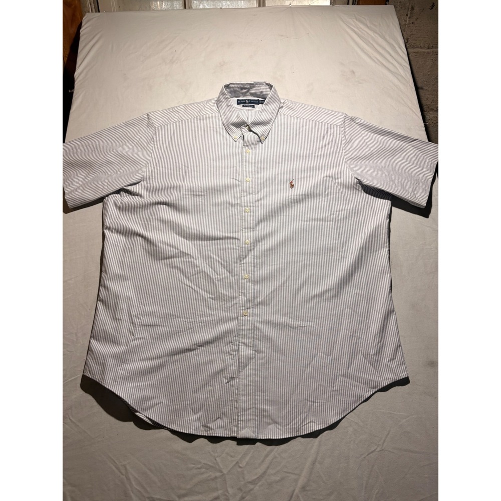 Ralph Lauren Mens XXL Classic Fit Short Sleeve Striped Oxford Shirt Blue White